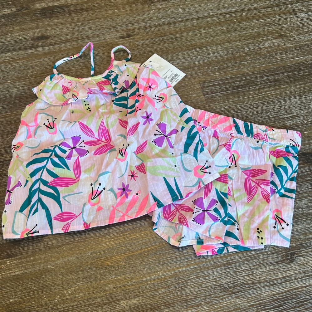Kohl's Ruffle Neck Tank and Shorts Set Girls 3T Pink Tropical Floral cotton set
